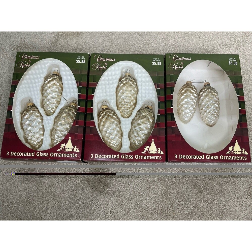 Vtg 8 Pc Christmas by Krebs Glass Pinecone Ornaments White Gold Glitter Germany